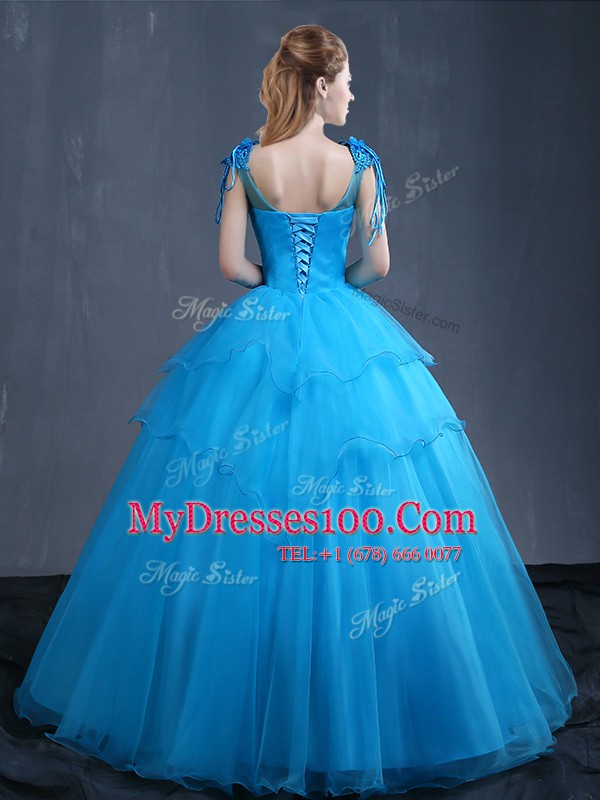 Dazzling Ball Gowns Vestidos de Quinceanera Baby Blue V-neck Tulle Sleeveless Floor Length Lace Up