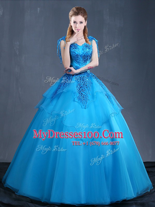 Dazzling Ball Gowns Vestidos de Quinceanera Baby Blue V-neck Tulle Sleeveless Floor Length Lace Up