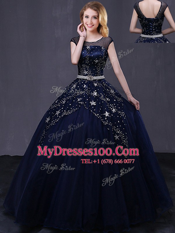 Navy Blue Ball Gowns Tulle Scoop Cap Sleeves Beading and Belt Floor Length Lace Up Ball Gown Prom Dress