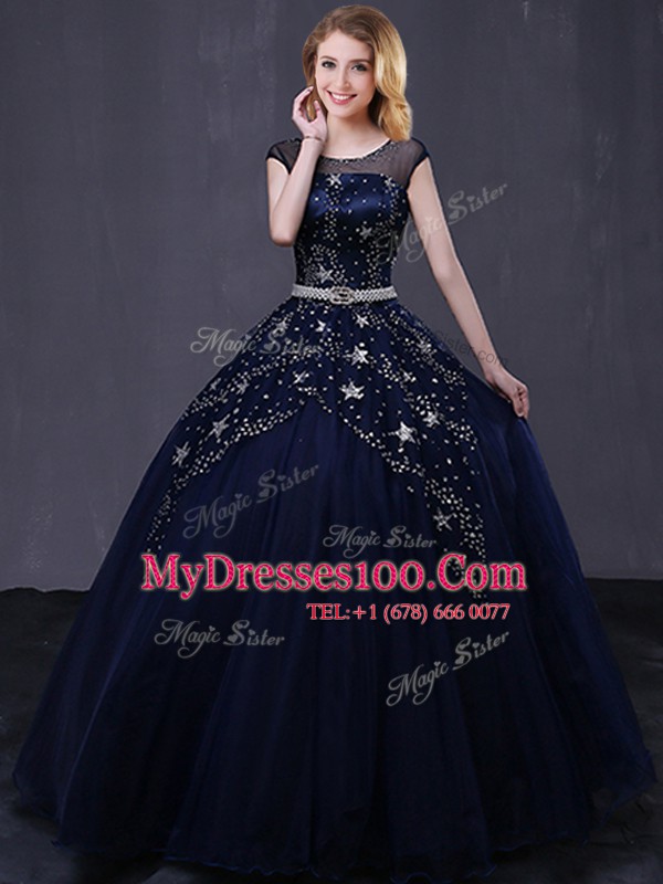 Navy Blue Ball Gowns Tulle Scoop Cap Sleeves Beading and Belt Floor Length Lace Up Ball Gown Prom Dress