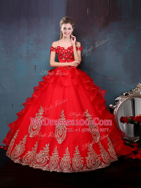 Cheap Red Lace Up Off The Shoulder Beading and Appliques and Ruffles Quinceanera Dresses Tulle Sleeveless