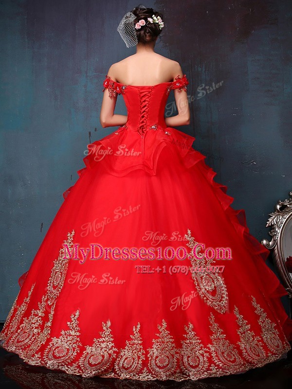 Cheap Red Lace Up Off The Shoulder Beading and Appliques and Ruffles Quinceanera Dresses Tulle Sleeveless