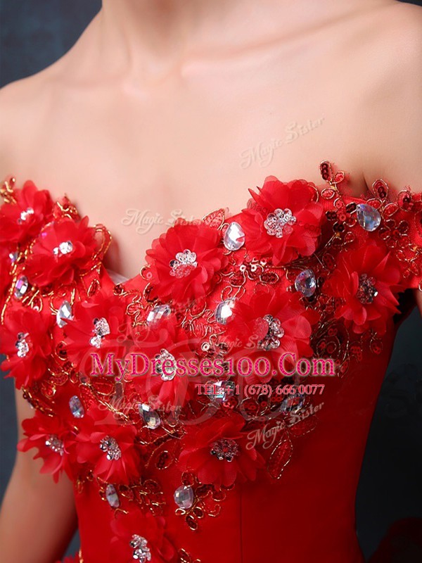 Cheap Red Lace Up Off The Shoulder Beading and Appliques and Ruffles Quinceanera Dresses Tulle Sleeveless