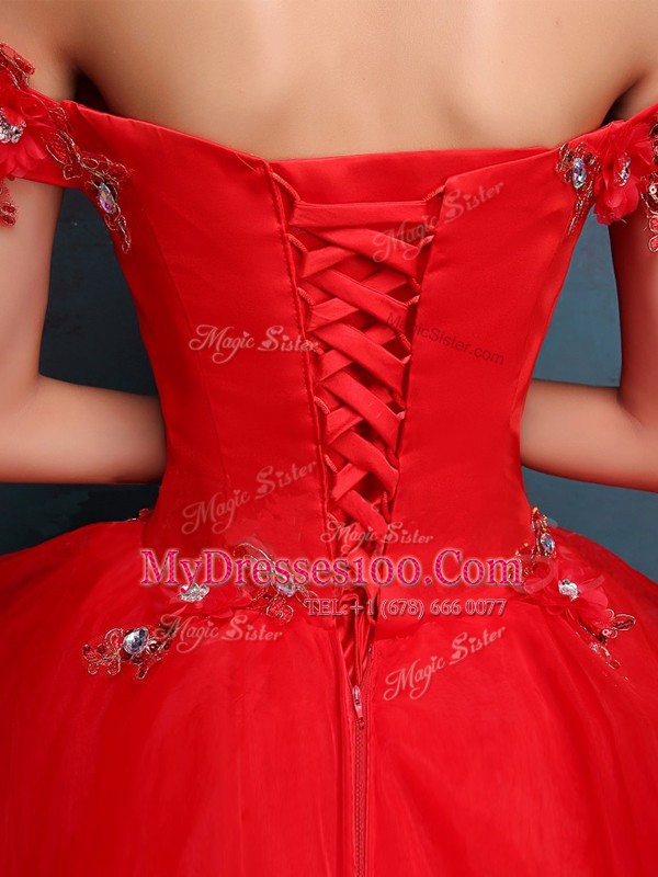 Cheap Red Lace Up Off The Shoulder Beading and Appliques and Ruffles Quinceanera Dresses Tulle Sleeveless