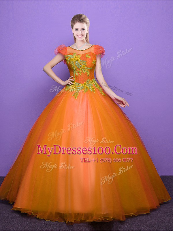 Great Scoop Orange Short Sleeves Appliques Floor Length Sweet 16 Quinceanera Dress