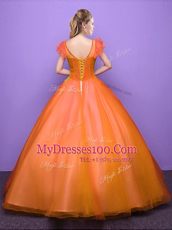 Great Scoop Orange Short Sleeves Appliques Floor Length Sweet 16 Quinceanera Dress