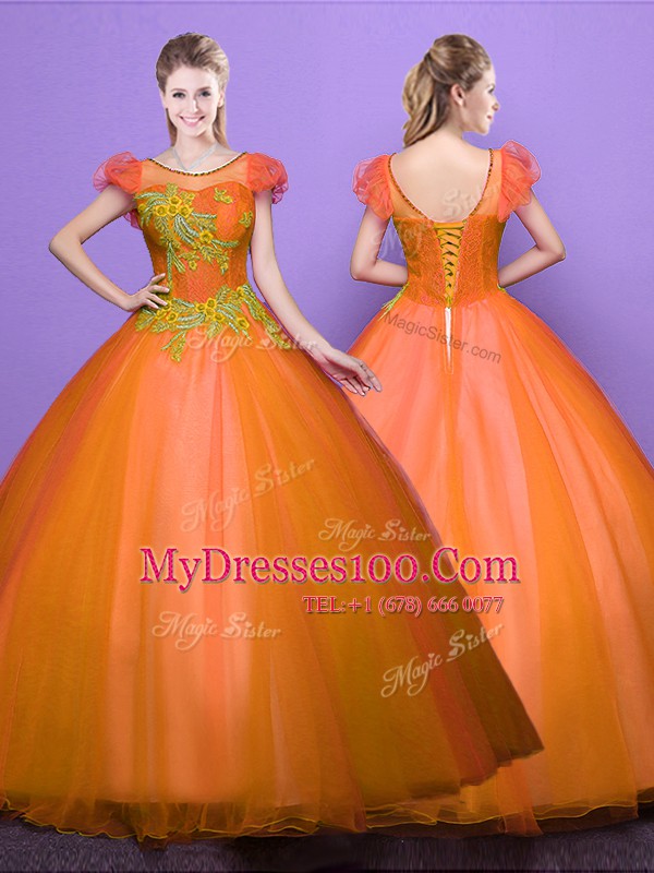 Great Scoop Orange Short Sleeves Appliques Floor Length Sweet 16 Quinceanera Dress