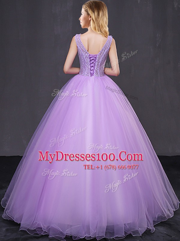 Lavender Ball Gowns Tulle V-neck Sleeveless Lace and Appliques Floor Length Lace Up Sweet 16 Quinceanera Dress