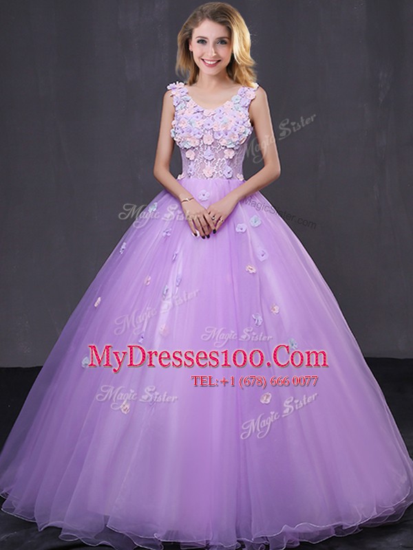Lavender Ball Gowns Tulle V-neck Sleeveless Lace and Appliques Floor Length Lace Up Sweet 16 Quinceanera Dress