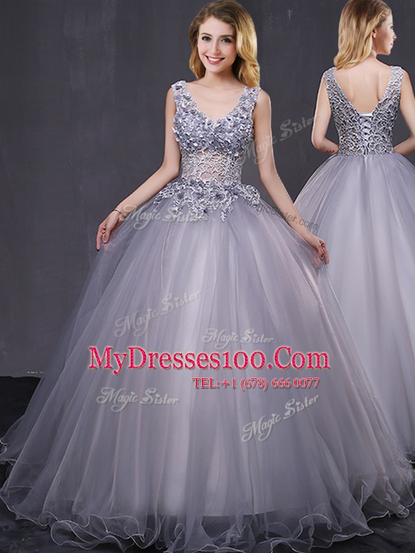 Custom Made Grey Ball Gowns Appliques Quince Ball Gowns Lace Up Tulle Sleeveless Floor Length