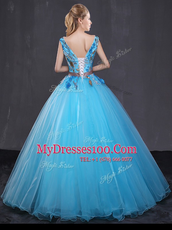 Sleeveless Floor Length Appliques and Belt Lace Up Vestidos de Quinceanera with Blue
