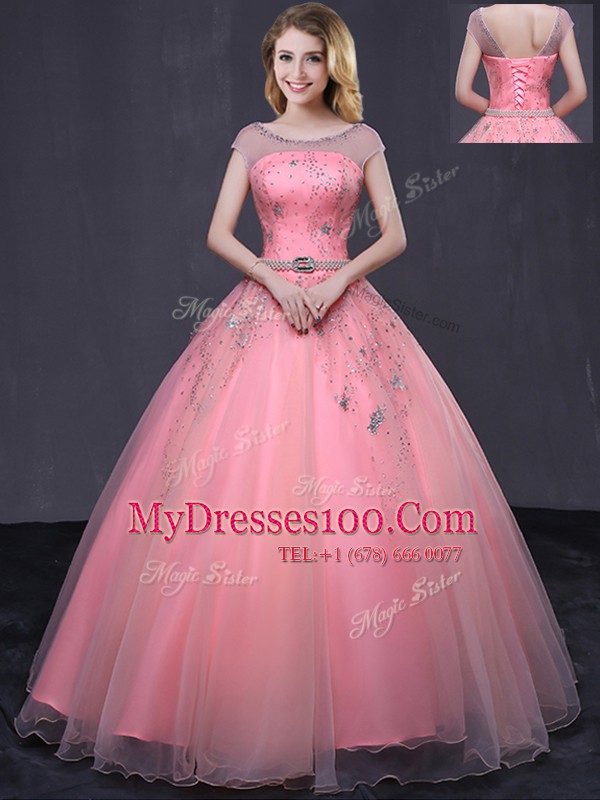 Fashion Scoop Cap Sleeves Lace Up Floor Length Beading and Belt Sweet 16 Dresses