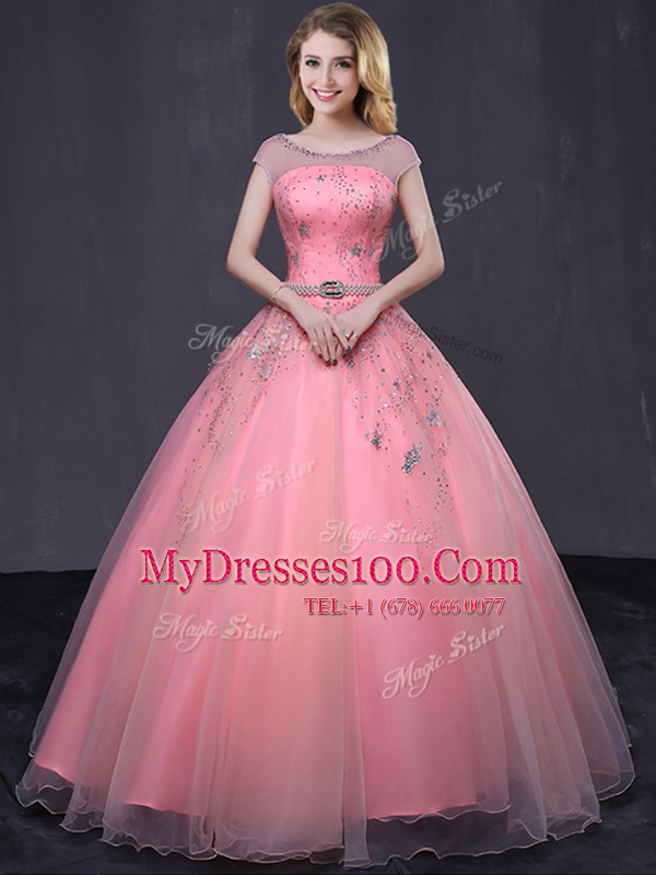 Fashion Scoop Cap Sleeves Lace Up Floor Length Beading and Belt Sweet 16 Dresses