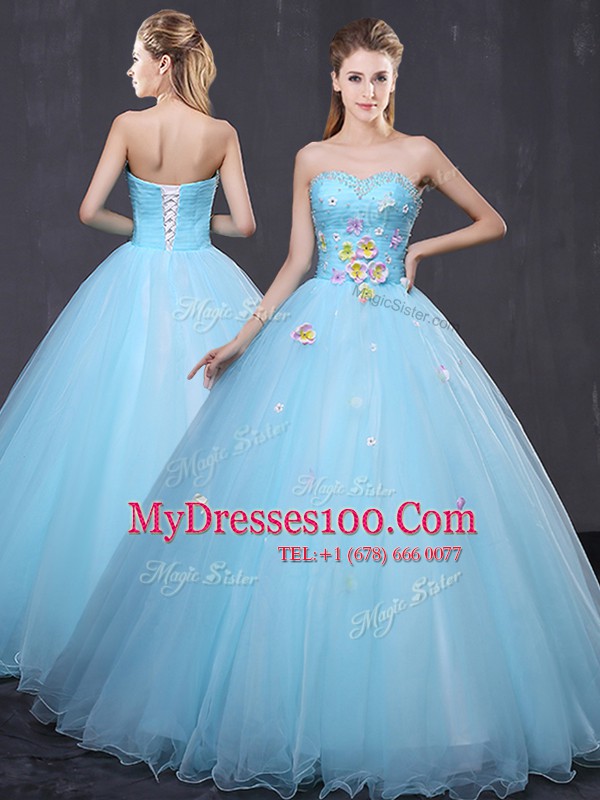 Light Blue 15 Quinceanera Dress Military Ball and Sweet 16 and Quinceanera and For with Beading and Appliques Sweetheart Sleeveless Lace Up