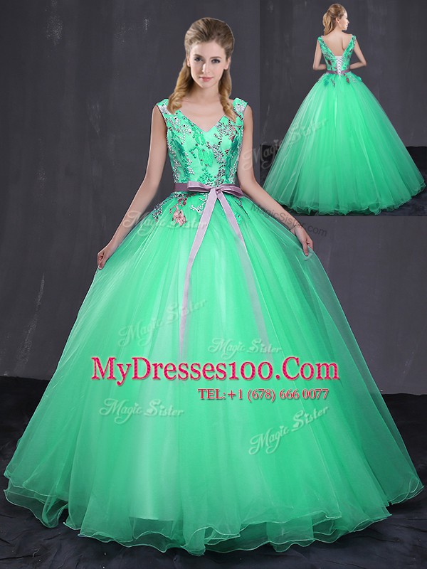 Sleeveless Lace Up Floor Length Appliques and Belt 15th Birthday Dress