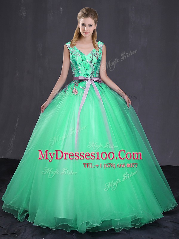 Sleeveless Lace Up Floor Length Appliques and Belt 15th Birthday Dress
