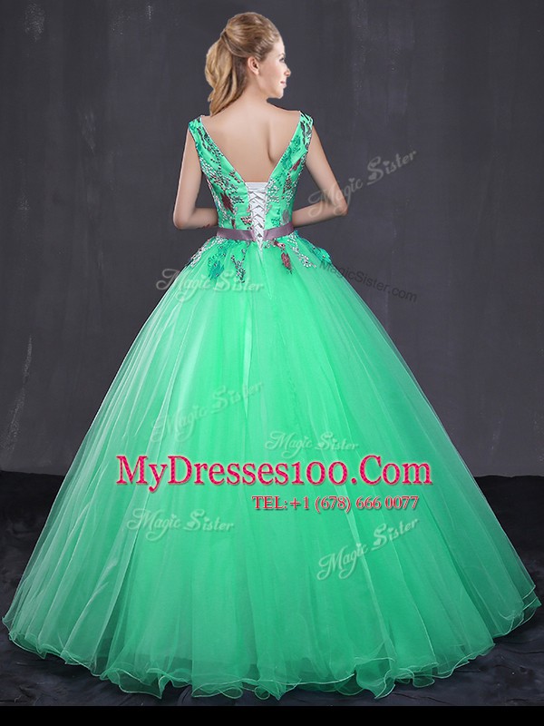 Sleeveless Lace Up Floor Length Appliques and Belt 15th Birthday Dress