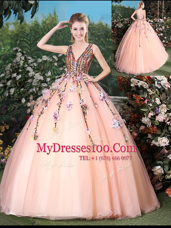 Fashionable Sleeveless Tulle With Brush Train Lace Up Sweet 16 Quinceanera Dress in Peach with Appliques