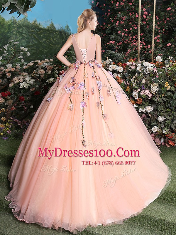 Fashionable Sleeveless Tulle With Brush Train Lace Up Sweet 16 Quinceanera Dress in Peach with Appliques