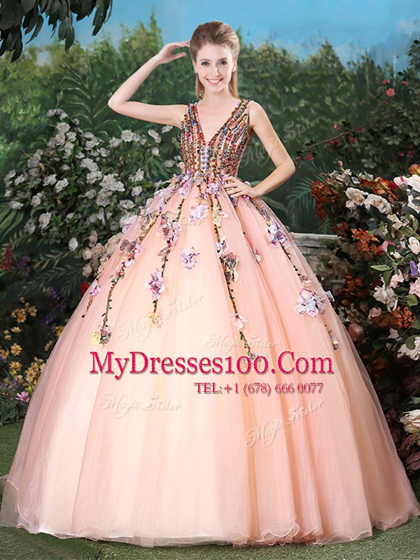 Fashionable Sleeveless Tulle With Brush Train Lace Up Sweet 16 Quinceanera Dress in Peach with Appliques