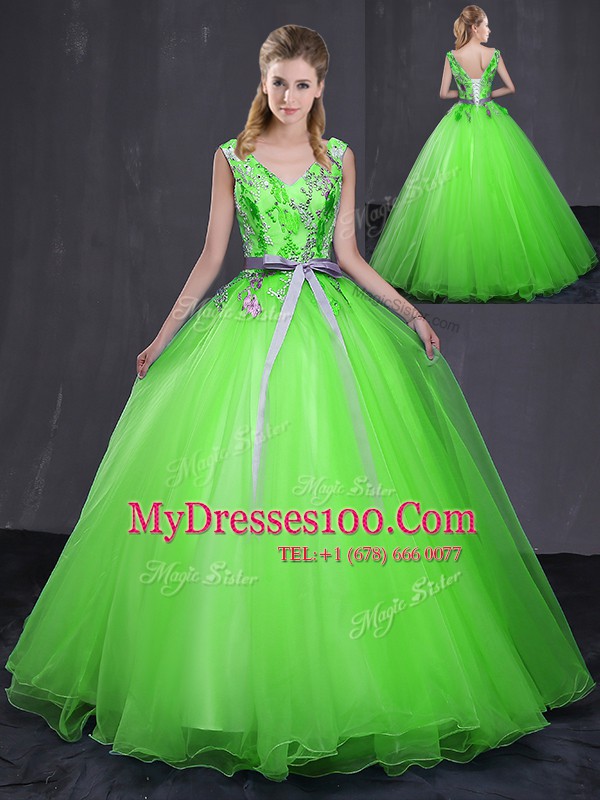 Sleeveless Lace Up Floor Length Appliques and Belt Quinceanera Dress