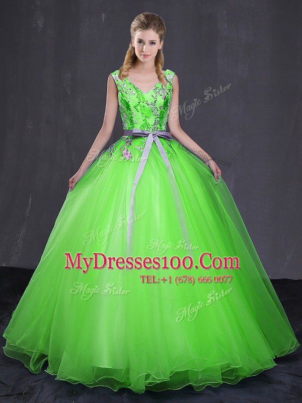 Sleeveless Lace Up Floor Length Appliques and Belt Quinceanera Dress
