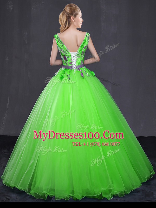 Sleeveless Lace Up Floor Length Appliques and Belt Quinceanera Dress