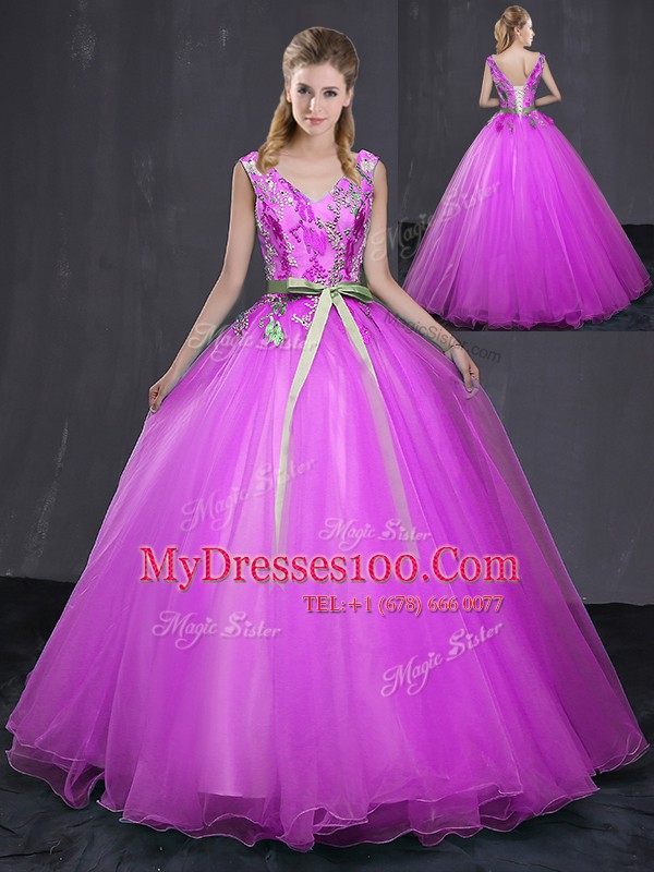 Chic V-neck Sleeveless Quince Ball Gowns Floor Length Appliques and Belt Fuchsia Tulle