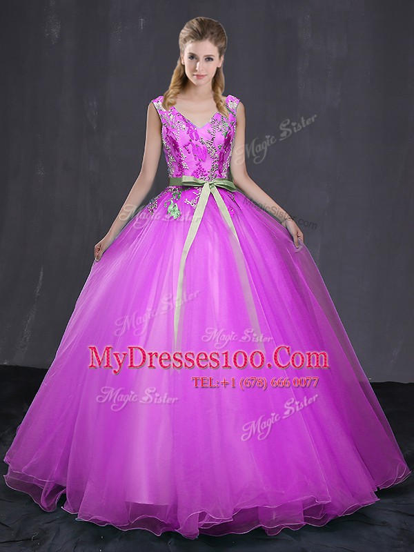Chic V-neck Sleeveless Quince Ball Gowns Floor Length Appliques and Belt Fuchsia Tulle