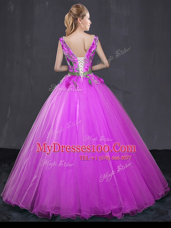 Chic V-neck Sleeveless Quince Ball Gowns Floor Length Appliques and Belt Fuchsia Tulle