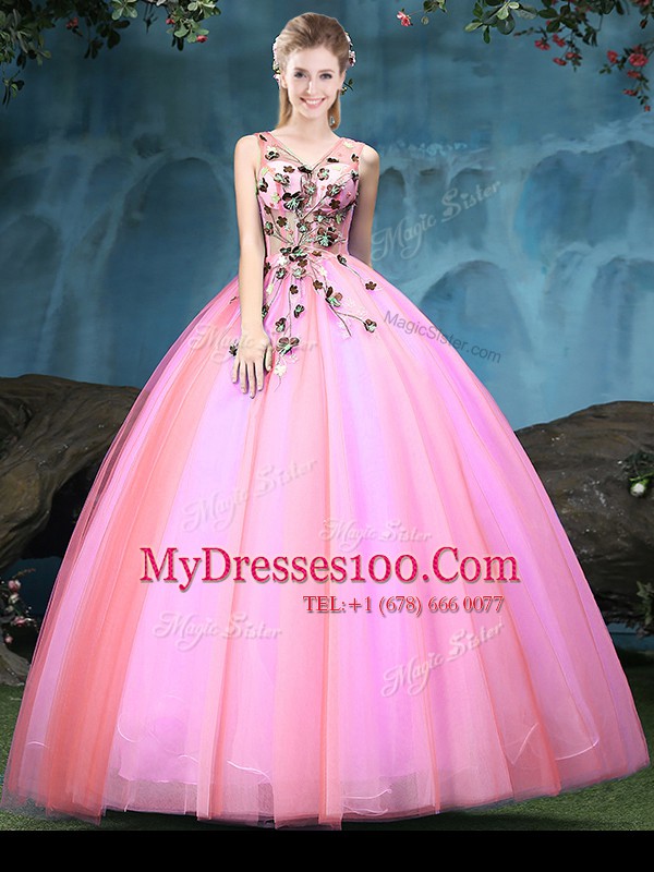Sexy Multi-color V-neck Neckline Appliques Sweet 16 Dress Sleeveless Lace Up