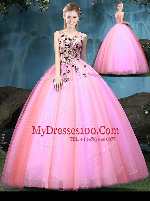 Sexy Multi-color V-neck Neckline Appliques Sweet 16 Dress Sleeveless Lace Up