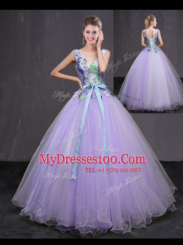 Floor Length Lavender Quinceanera Dress Tulle Sleeveless Beading and Belt
