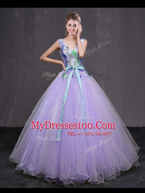 Floor Length Lavender Quinceanera Dress Tulle Sleeveless Beading and Belt