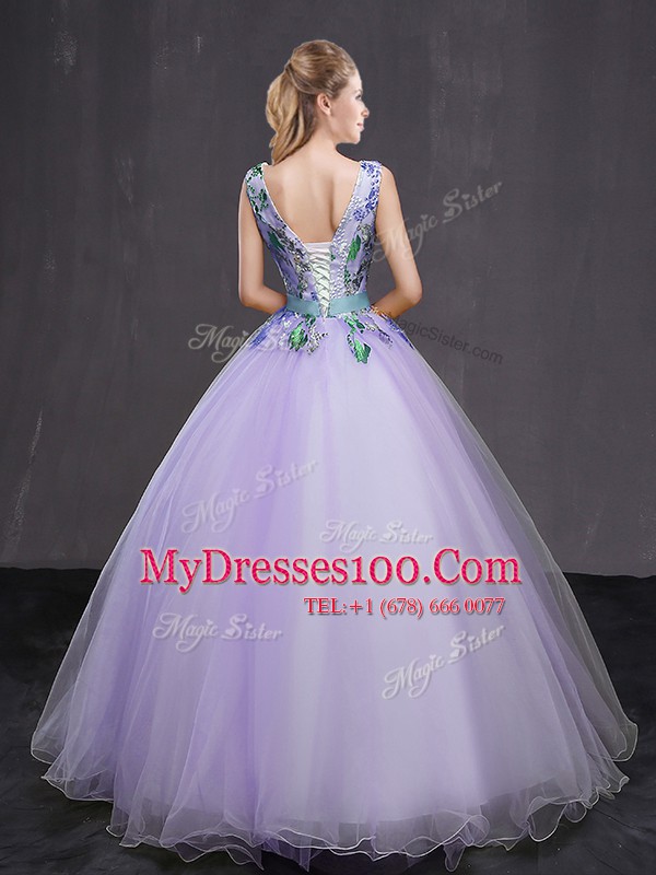Floor Length Lavender Quinceanera Dress Tulle Sleeveless Beading and Belt