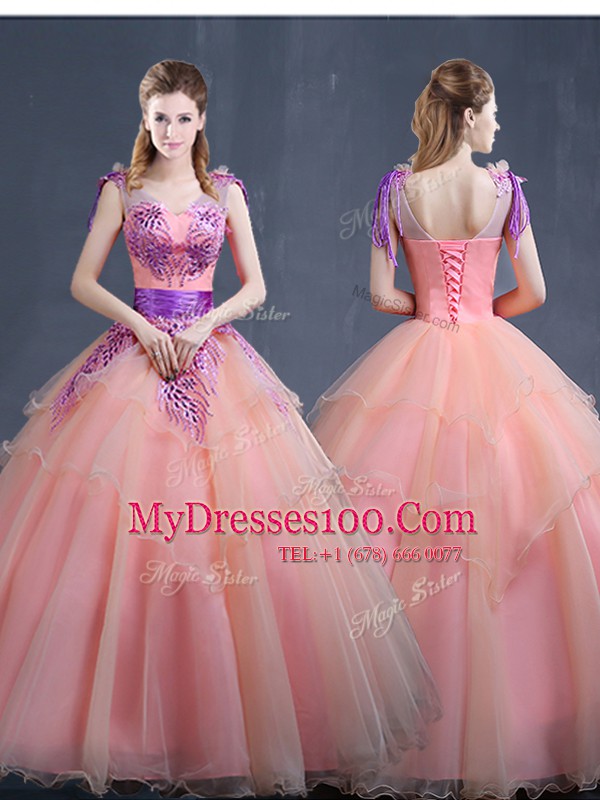 Elegant Watermelon Red V-neck Lace Up Appliques Quinceanera Dresses Sleeveless