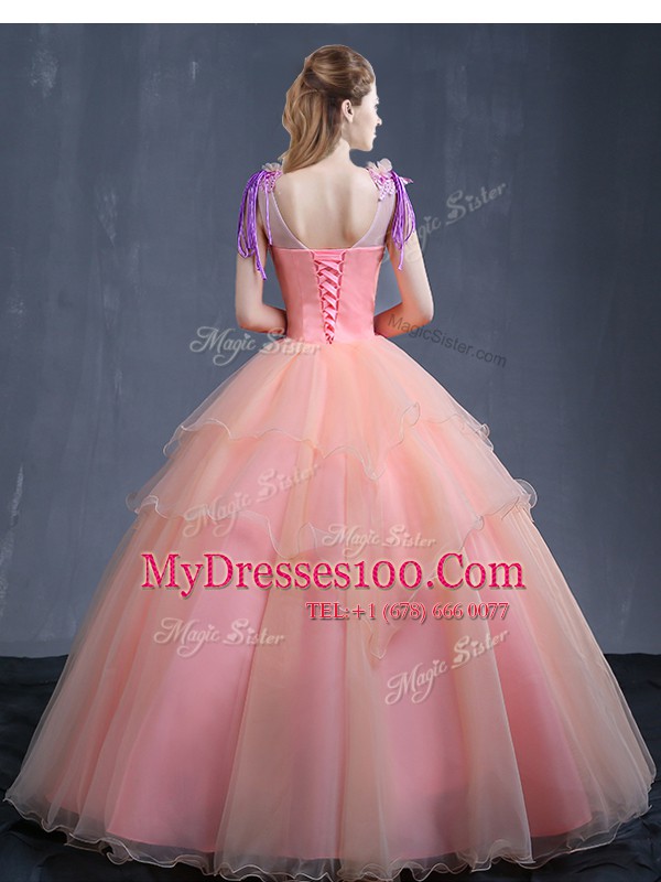 Elegant Watermelon Red V-neck Lace Up Appliques Quinceanera Dresses Sleeveless