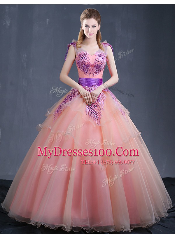 Elegant Watermelon Red V-neck Lace Up Appliques Quinceanera Dresses Sleeveless