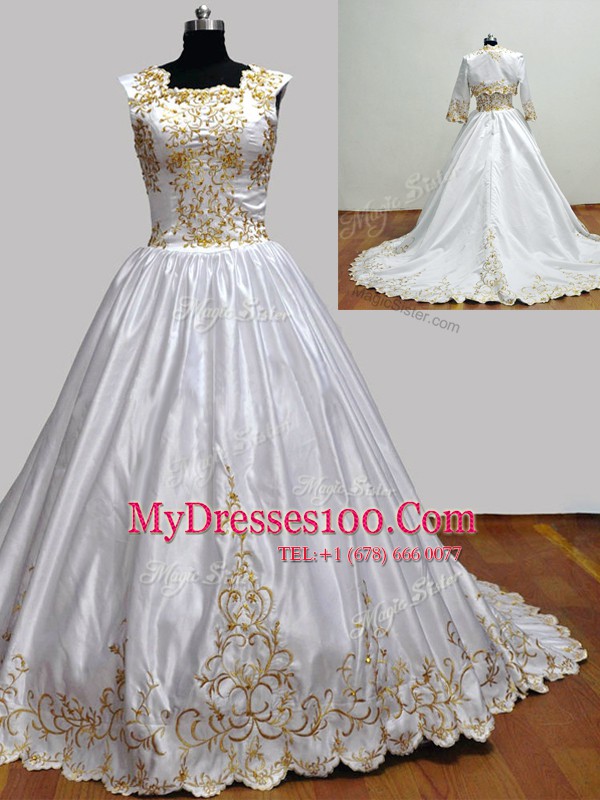 Square Embroidery Ball Gown Prom Dress White Zipper Sleeveless With Brush Train