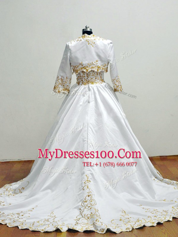 Square Embroidery Ball Gown Prom Dress White Zipper Sleeveless With Brush Train