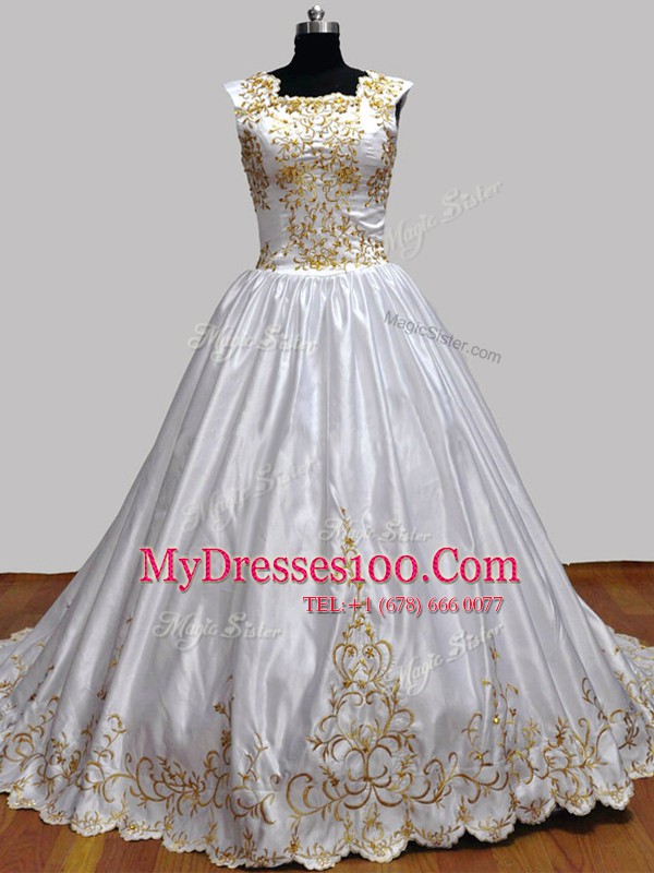 Square Embroidery Ball Gown Prom Dress White Zipper Sleeveless With Brush Train