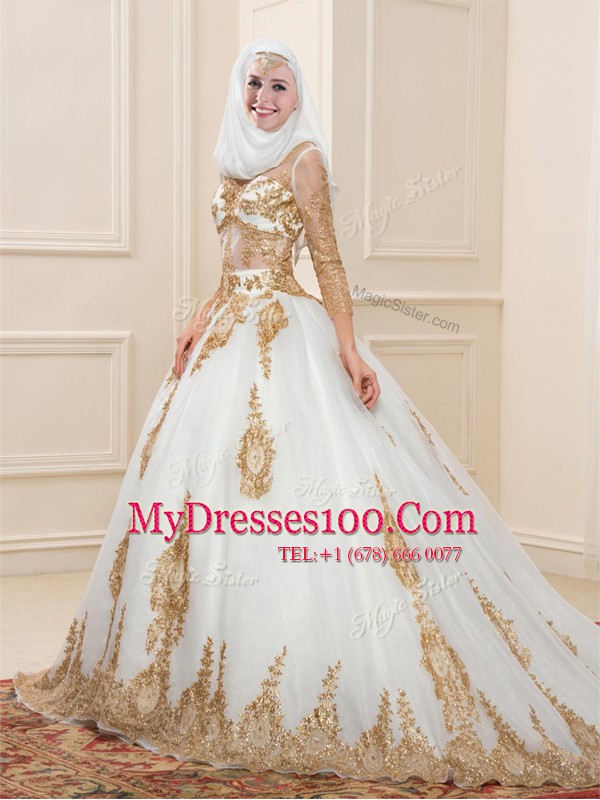 Fine Appliques Sweet 16 Quinceanera Dress White Zipper 3 4 Length Sleeve Sweep Train