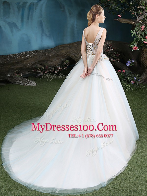 Unique White Lace Up V-neck Appliques Quinceanera Gown Tulle Sleeveless Brush Train