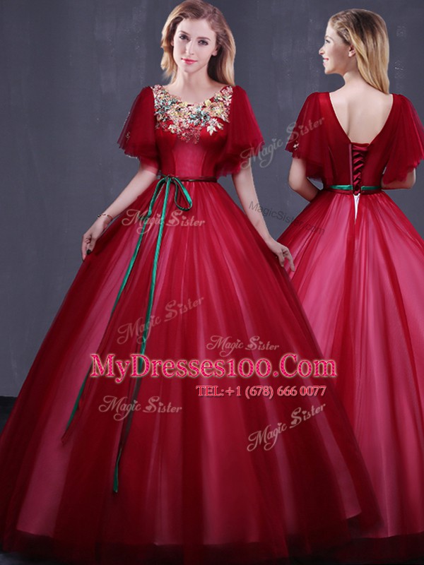Floor Length Wine Red Ball Gown Prom Dress Scoop Short Sleeves Lace Up