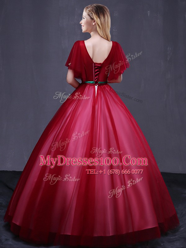 Floor Length Wine Red Ball Gown Prom Dress Scoop Short Sleeves Lace Up
