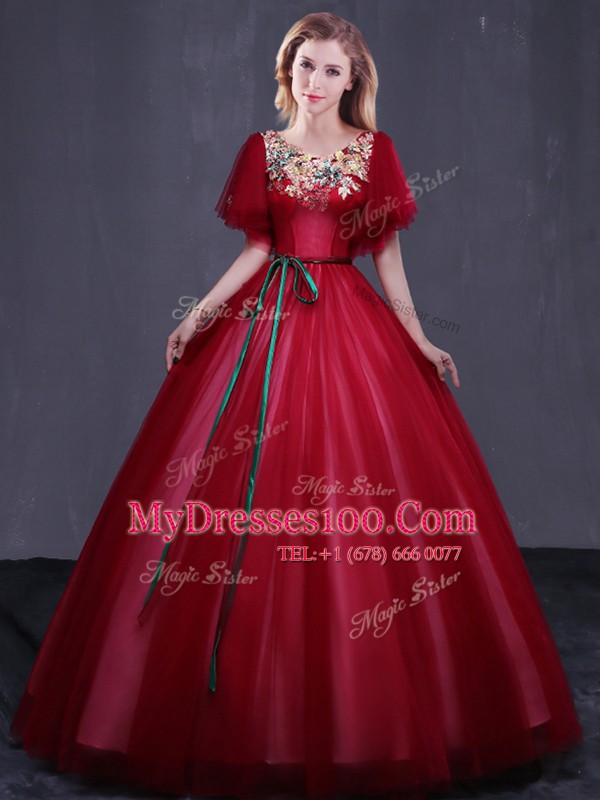 Floor Length Wine Red Ball Gown Prom Dress Scoop Short Sleeves Lace Up