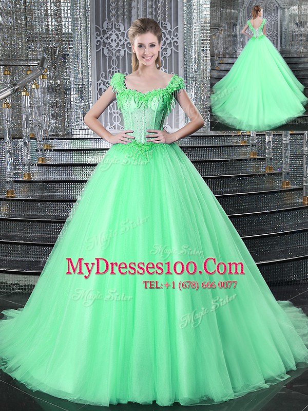 Straps Apple Green Lace Up Quince Ball Gowns Beading and Appliques Sleeveless With Brush Train
