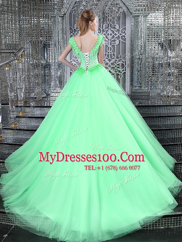 Straps Apple Green Lace Up Quince Ball Gowns Beading and Appliques Sleeveless With Brush Train
