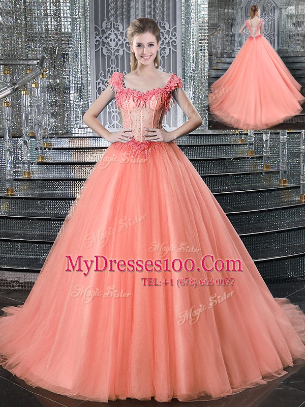 Excellent Peach Ball Gowns Tulle Straps Sleeveless Beading With Train Lace Up 15 Quinceanera Dress Brush Train