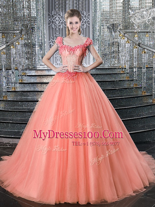 Excellent Peach Ball Gowns Tulle Straps Sleeveless Beading With Train Lace Up 15 Quinceanera Dress Brush Train